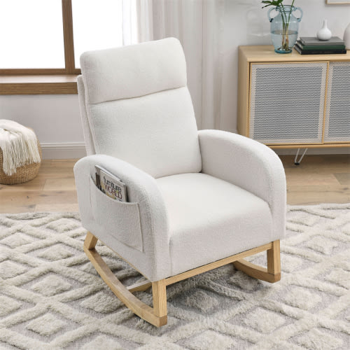 Fabric Rocking Chair Nursery Chair,Modern Upholstered High Back Glider Rocking Armchair,Comfy Rocker with Padded Seat and Wood Base,Two Side Pocket Accent Chair for Living Room Bedroom Office,White