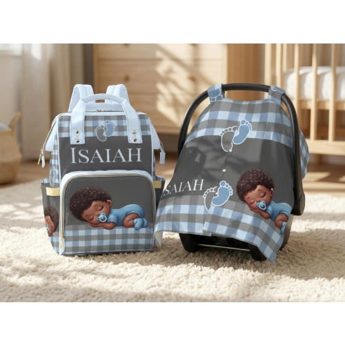 Personalized Diaper Backpack Baby Boy Shower Gift Bundle Custom Infant Bag Waterproof Mommy Car Seat Cover Blue Newborn African American