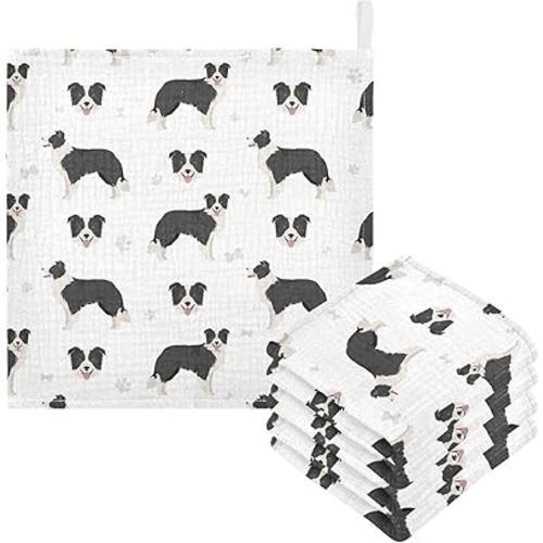 Curbs Baby Washcloths Border Collie Dog Pattern, Cartoon Animal Burp Cloths Face Towel Cotton Soft Absorbent Wash Wipe Towels for Newborn Infant Baby, 3 Pack
