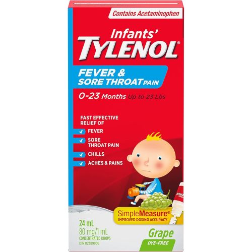TYLENOL Infants' Fever and Sore Throat Pain Medicine, Oral suspension drops, Relieves Fever and Sore Throat Pain, Grape Flavour, 24mL