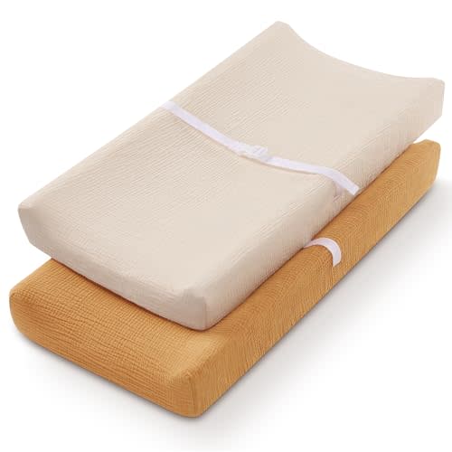 Muslin Changing Pad Cover, Ultra Soft Cotton Diaper Changing Table Covers for Baby Girls Boys, Boho Changing Pad Sheets Neutral, Comfy and Breathable, 2 Pack (Retro Yellow & Beige)