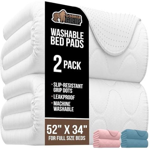 GORILLA GRIP Washable Underpads, Waterproof Reusable Heavy Absorbency Incontinence Bed Pads, Leak Proof Toddler Mattress Pad, 52x34 2 Pack, Slip Resistant for Bedwetting, Adults and Kids, White
