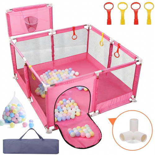 JoyStone 50 x 50 Baby Playpen with 30 Ocean Balls, Soft Mesh Sides, Basketball Hoop & Pull Rings, Indoor Baby Fence for Toddlers, Pink