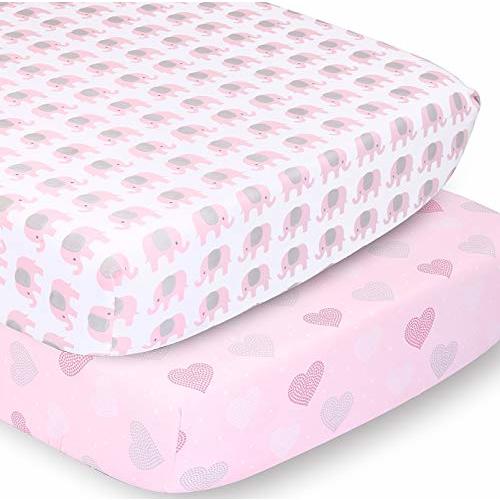 The Peanutshell 2-Pack Fitted Crib Sheet Set - Super Soft & Breathable Baby Girl Crib Sheets, Nursery Decor, Fit for Standard Mattress Cover- Pink Elephants