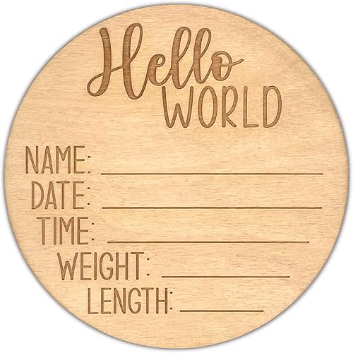 Routybits Hello World - Wood Newborn Baby Birth Announcement Sign - 5.5 Inch Round