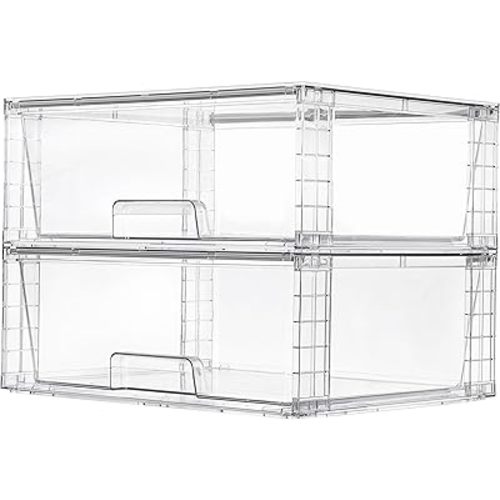 Vtopmart 2 Pack Large Stackable Storage Drawers,Easily Assemble Clear Acrylic Bathroom Closet Undersink Organizers,Plastic Storage Bins for Cabinet,Kitchen Pantry,Medicine Organization