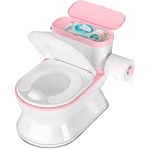 2-in-1 Toddler Potty Training Toilet - Larger Potty Chair & Detachable Training Seat for Boys & Girls Ages 1-3 with Flushing Sound, Wipes Storage, Toilet Paper Holder - Pink