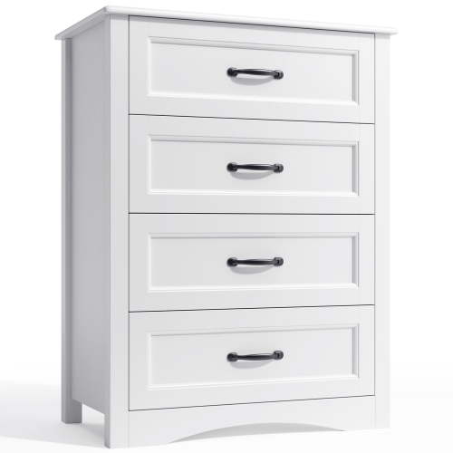 Lofka 4 Drawer Dresser for Bedroom, Tall Wood Dresser with Large Drawer & Delicate Metal Handles for Closet, Living Room, Hallway - White (36" Height)