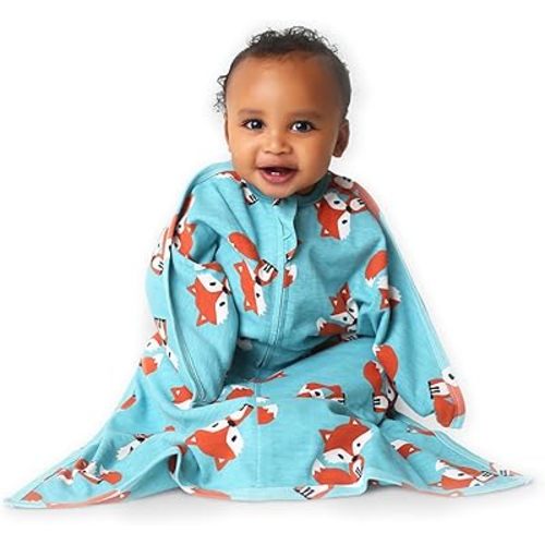 SleepingBaby Zipadee-Zip Transition Swaddle - Cozy Baby Swaddling Blanket with Zipper Convenience - Roomy Baby Wearable Blanket for Easy Diaper Changes - Friendly Fox, Small (4-8 Month)