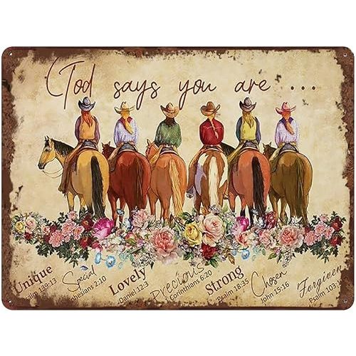 God Says You are Cowgirl Bible Verse Inspirational Vintage Tin Sign for Horse Lovers Cowgirl Christian Art Vintage Wall Decor 5.5x8 Inch