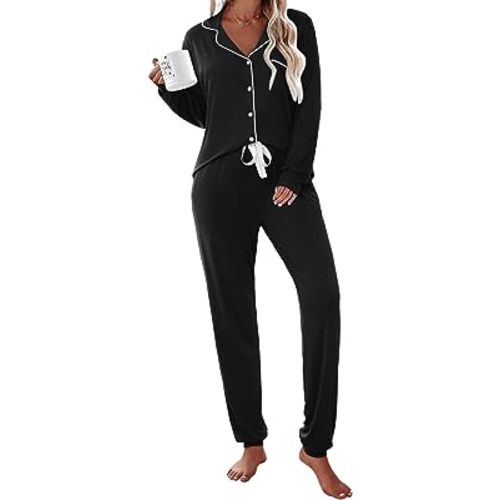 Ekouaer Pajamas Set Long Sleeve Sleepwear Womens Button Down Nightwear Soft Pj Loungewear with Pockets