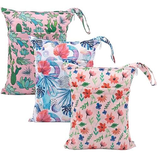 babygoal Wet Dry Bags for Baby Cloth Diapers, Washable Travel Bags, Beach, Pool, Gym Bag for Swimsuits & Wet Clothes with Two Zippered Pockets 3 Pack, 3LN18