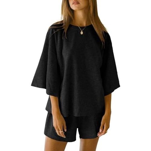 Tankaneo Womens Pajama Sets 3/4 Sleeve Oversized Tops and Elastic Waist Shorts Lounge Sets Loungewear