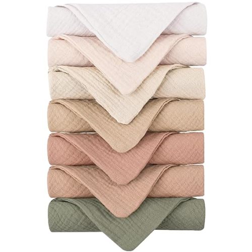 Konssy Baby Muslin Washcloths 7-Pack, 100% Cotton Baby Bath Washcloths, Soft & Absorbent Wash Cloths and Burp Cloths for Newborn Kids Girls & Boys, 11x11 inches