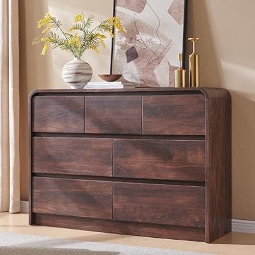 Modern 7 Drawers Dresser for Bedroom, 47" Wide Wood Dressers & Chests of Drawers w/Curved Profile Design, Mid Century Modern Dresser w/Natural Texture for Bedroom, Living Room, Brown