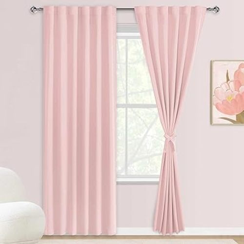 DWCN Pink Curtains 84 inches Long for Girls Bedroom - Thermal Insulated Light Blocking Back Tab/Rod Pocket Tieble Window Treatment Panels for Nursery, Living Room, 52 x 84 Inch, 2 Panels, Blush Pink