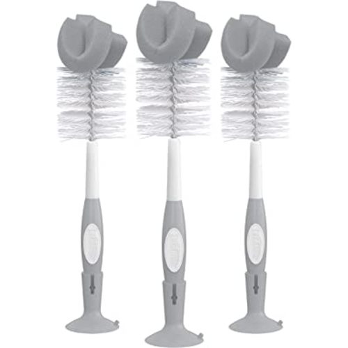 Dr. Brown's Reusable Sponge Baby Bottle Cleaning Brush Set with Suction Cup Stand, Scrubber and Nipple Cleaner, Gray, 3 Pack