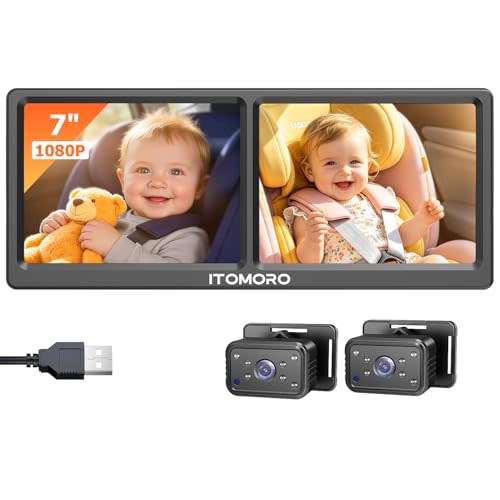 Itomoro Baby Car Camera for 2 Kids – 7" HD 1080P Split Screen, USB Powered Dual Car Camera Monitor with 150° Wide View & IR Night Vision, 360° Adjustable, Easy USB Installation for SUVs/Minivans