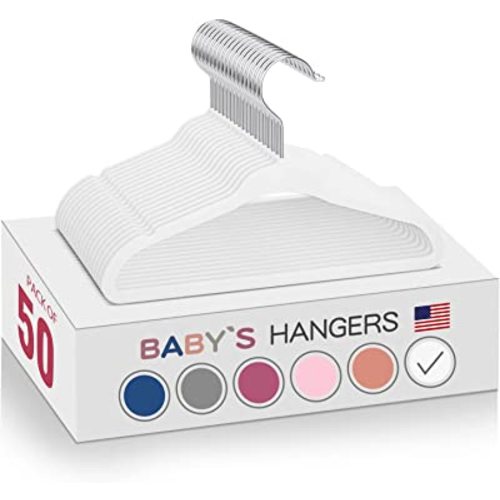 White Velvet Kids Hangers 50 Pack - 11" Ultra Thin Non-Slip Clothes Hangers for Baby/Toddler/Daycare | 360° Rotating Hooks, Space-Saving Nursery Organization