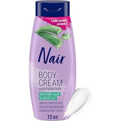 Nair Body Cream Hair Remover, Soothing Aloe and Water Lily, Dermatologist Tested Body Hair Removal Cream, with Evolved Ingredients, 12 Oz