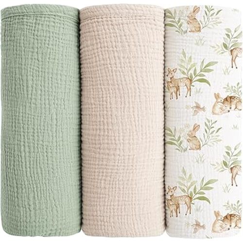 Konssy Muslin Swaddle Blankets for Baby Girls Boys, 3 Pack, Receiving Blanket Large 47 x 47 inches, Soft Breathable Muslin Baby Blanket for Unisex Newborn (Forest Sprite)