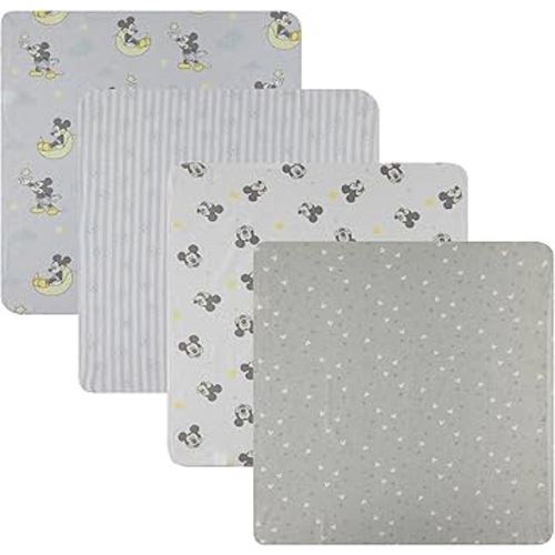 Disney Baby 4-Pack Receiving Blankets — 100% Cotton Flannel, 28" x 28" — Available in Mickey, Minnie, Pooh, Stitch or Angel — Soft Swaddle, Burp & Stroller Blankets — Gift-Ready with Ribbon Bow