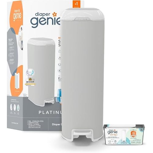 Diaper Genie Platinum Pail (Stone Grey) is Made in Durable Stainless Steel and Includes 1 Easy Roll Refill with 18 Bags That can Last up to 5 Months.