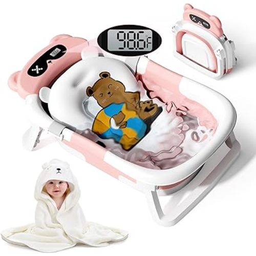 Collapsible Baby Bathtub for Newborn to Toddler (0-24 Months), Portable Baby Tub with Thermometer, Baby Bath Tub for Infants with Floating Cushion and Soft Towel, Pink