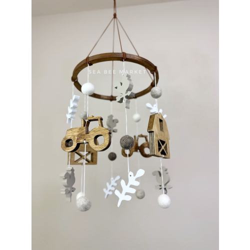 Farm Crib Mobile | Farm Animal Nursery Decor | Country Western Nursery Mobile | Wooden Tractors, Barn, Weather Vanes, Crops