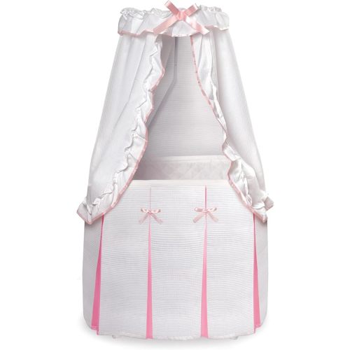 Badger Basket Majesty Canopy Bassinet, Rocking Baby Cradle Bed with Mattress, Bedding, and Storage, Oval White/Pink