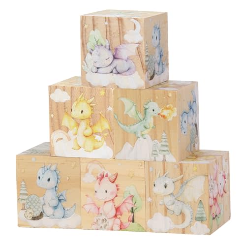Diartpaint 6 Pcs Nursery Decor Blocks, Wooden Nursery Decor for Girls and Boys, Wooden Shelf Decor Bedroom Playroom Decor for Kids Birthday Baby Shower Table Decorations Gifts (Baby Dragon)
