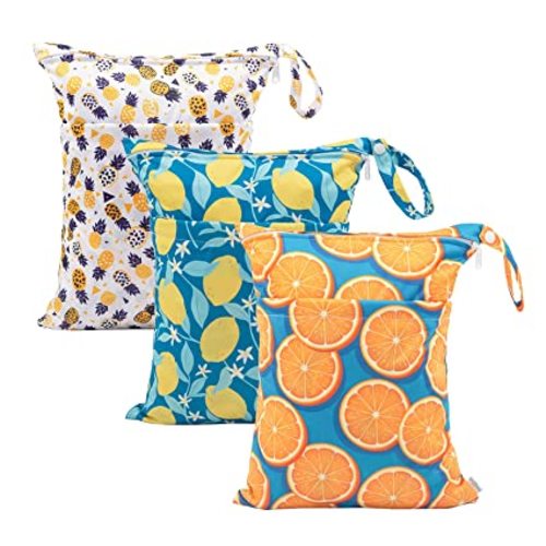 Babygoal Wet Dry Bags for Baby Cloth Diapers, Washable Travel Bags, Beach, Pool, Gym Bag for Swimsuits & Wet Clothes with Two Zippered Pockets 3 Pack, 3LN22 - lemon & orange
