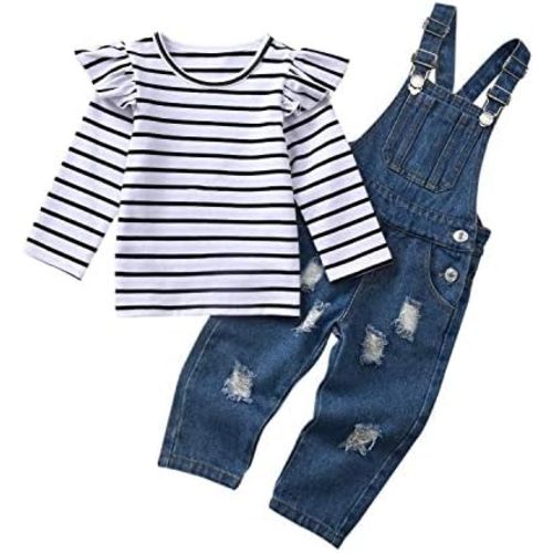 HINTINA 2PCS Baby Girls Clothes Toddler Jumpsuit Rompers Adjustable Ripped Jeans Overalls Set with Long Sleeve Stripe T-Shirt