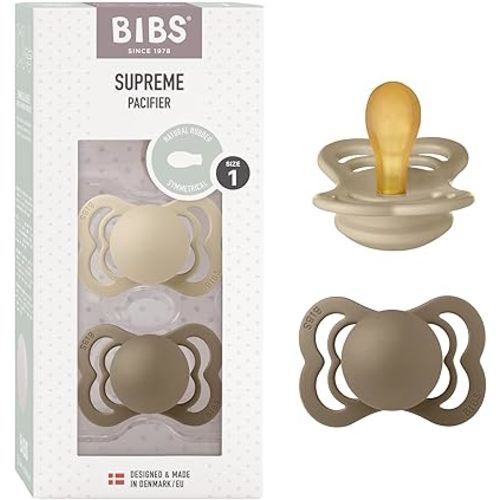 BIBS Supreme Baby Pacifier 2-Pack | Made in Denmark | BPA Free Dummy Soother, Symmetrical Nipple. Natural Rubber Latex, Size 1 (0-6 Months), Vanilla / Dark Oak