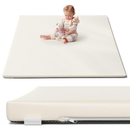 Padded Baby Play Mat 50 x 50, 1.2in Extra Thick & Super Soft Non Toxic Leathaire Baby Mat for Floor, Anti-Slip & Waterproof Baby Crawling Mat for Boy or Girl, Beige