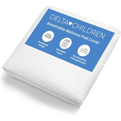 Delta Children Breathable Crib Mattress Pad Cover - 100% Breathable Mattress Pad Cover for Cribs - Elastic Edges for Secure, Universal Fit - Machine Washable - 1 Pack, White