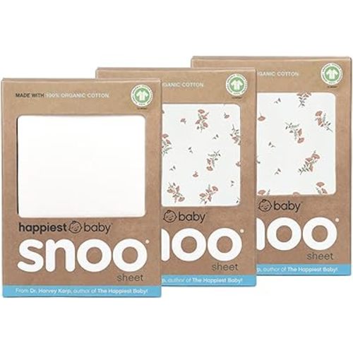 Happiest Baby SNOO Bassinet Fitted Sheet - 100% Organic Cotton Nursery Bedding - Fits SNOO Sleeper Crib Mattress - 3-Pack Bundle (Wildflowers (2), Ivory (1))