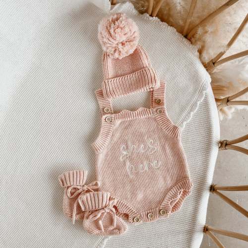 'She's Here' Singlet Romper & Beanie Bundle - Pink Lemonade PRE ORDER EST DISPATCH LATE JAN