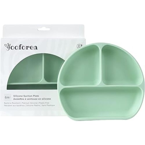 Yooforea Platinum Silicone Baby Suction Plate (Upgraded), Baby Led Weaning Plate, 100% Food Grade Silicone, Non Sticky Stain Resistant by UV Treatment, Dishwasher, Microwave Safe, BPA BPS Free - Tea