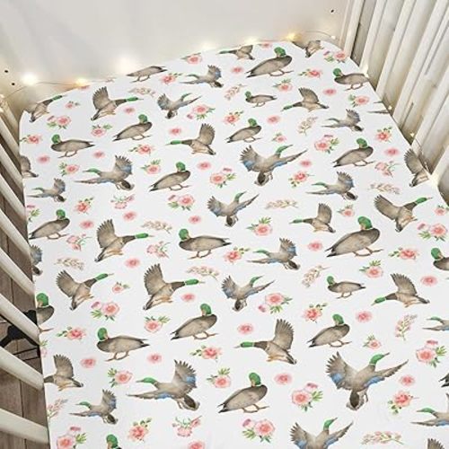 Mallard Ducks Boho Floral Baby Crib Sheets for Boy Girl 52"x28" Green Duck Spring Soft Snug Fitted Crib Mattress Cover Wild Duck Hunting Nursery Baby Sheet for Standard Crib & Toddler Mattress