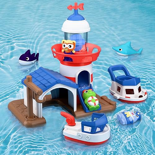 iPlay, iLearn Bath Toys for Toddlers 2-4, Kids Lighthouse Bathtub Shower Toy Set W/ Wind up Swimming Boats, Pool Floating Fish Baby Bathtime Water Play, Birthday Gift 18 Month, 3 5 6 Year Old Boy Girl