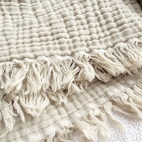 KyraHome 100% Organic Cotton 50"x60" Muslin Throw Blanket for Couch, Adult, Plant Dyed Breathable Lightweight Gauze Soft Blanket for Women, All Season (Oatmeal Khaki/Sandshell)