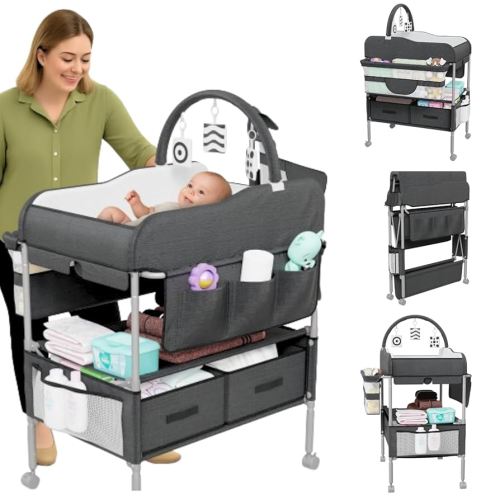 Baby Changing Table Black with Storage - Collapsible Baby Diaper Changing Station with Toy Holder, Baskets - Diaper Changing Table for Small Spaces, Portable Changing Table for Baby