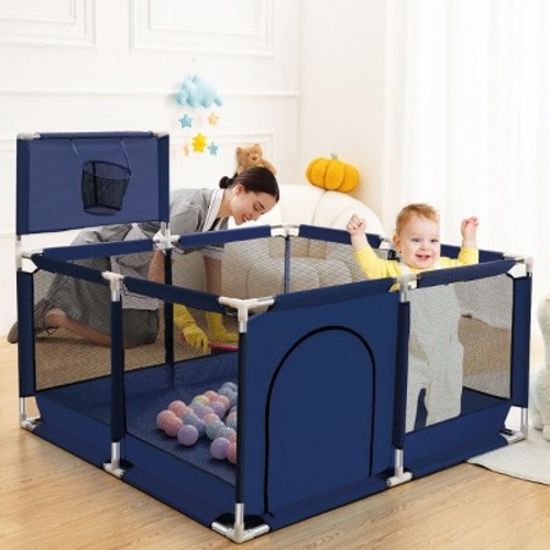 GOTGELIF 50"x50" 4-Panel Baby Playpen Portable Playard with Basketball Hoop Blue