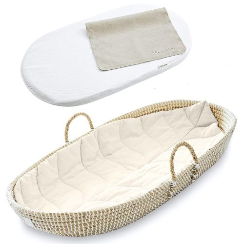 BEBE BASK Premium Baby Changing Basket - Artisan-Crafted Seagrass - Rope Handles - Changing Basket for Baby Dresser - All Accessories Included - Complete Set for Nursery (Natural)