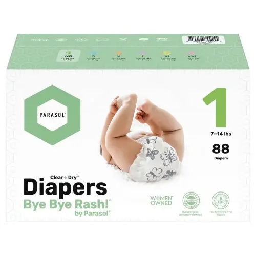 Parasol Clear+Dry Natural Disposable Diapers Size 1, 88ct RashShield Dual Core