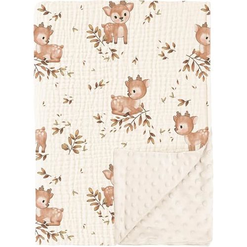 Konssy Baby Blankets for Unisex Boys Girls, Super Soft Nursery Minky Blankets with Muslin Cotton Front and Dotted Fleece Backing, Printed Bed Throws Newborn