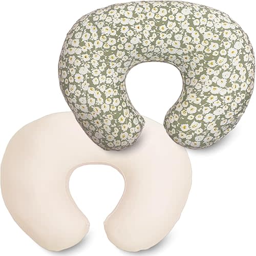 2 Pack Ultra Soft Nursing Pillow Covers for Baby Girl & Boy, Stretchy Boppy Compatible Cover for Breastfeeding Pillows, Easy to Use & Clean (Beige,Wild Floral)