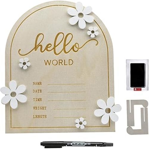 iEvolve Baby Announcement Sign Hello World Wooden Birth Name Sign Welcome Baby Newborn Board Butterflies and White Flowers Nursery Decor for Baby Girls Boys (White Flowers)