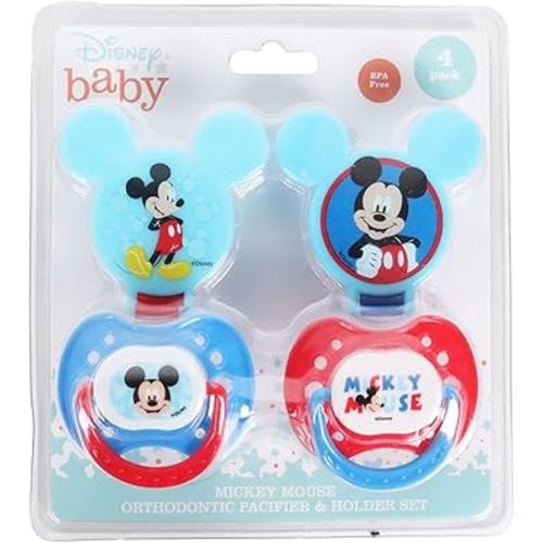 Disney Cudlie Mickey Mouse Baby Boy 4 Pack of 2 Pacifiers & 2 Clips with Old Time Mickey Print